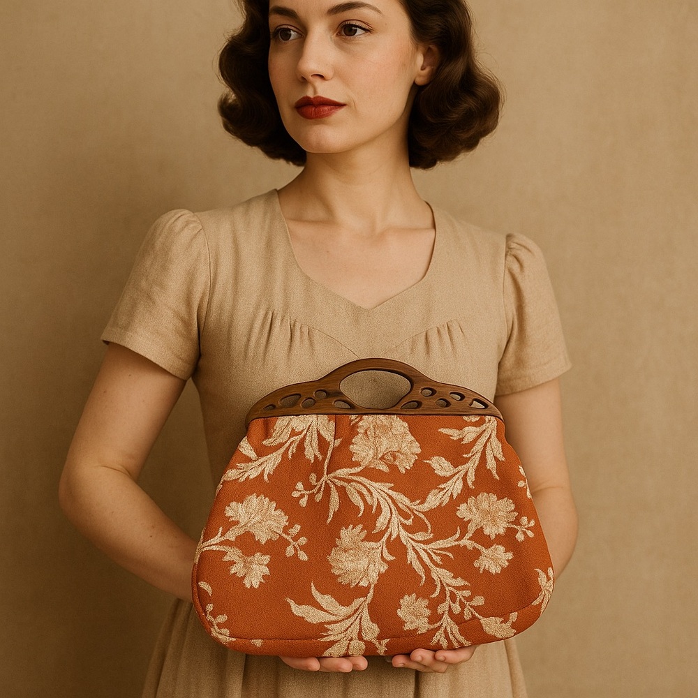 Vintage Floral Tapestry Handbag with Carved Wooden Handles